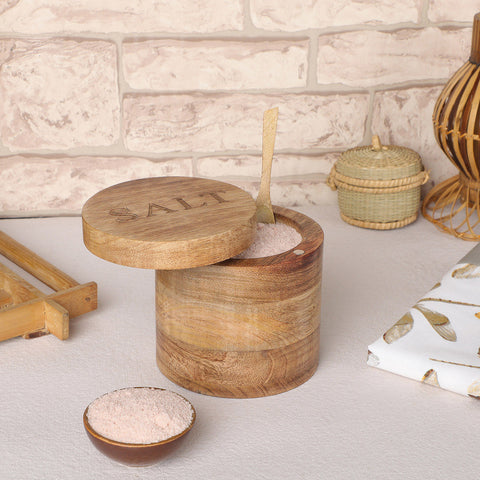 wooden salt container with spoon